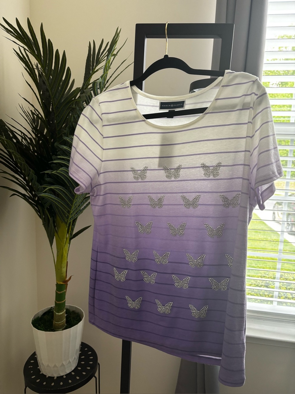 Karen Scott White and Lavender Striped Top with Rhinestone Butterfly